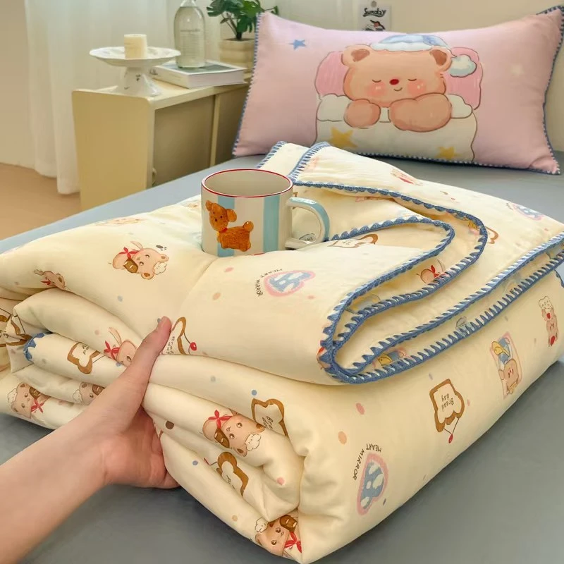 A类100全棉双层纱夏被子贝壳边大豆夏凉被单人学生宿舍空调被夏天