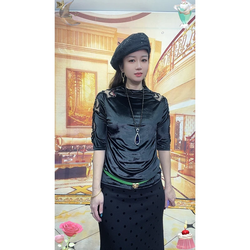 9993早秋半高领打底衫女短袖金丝绒上衣蕾丝T恤修身显瘦洋气小衫