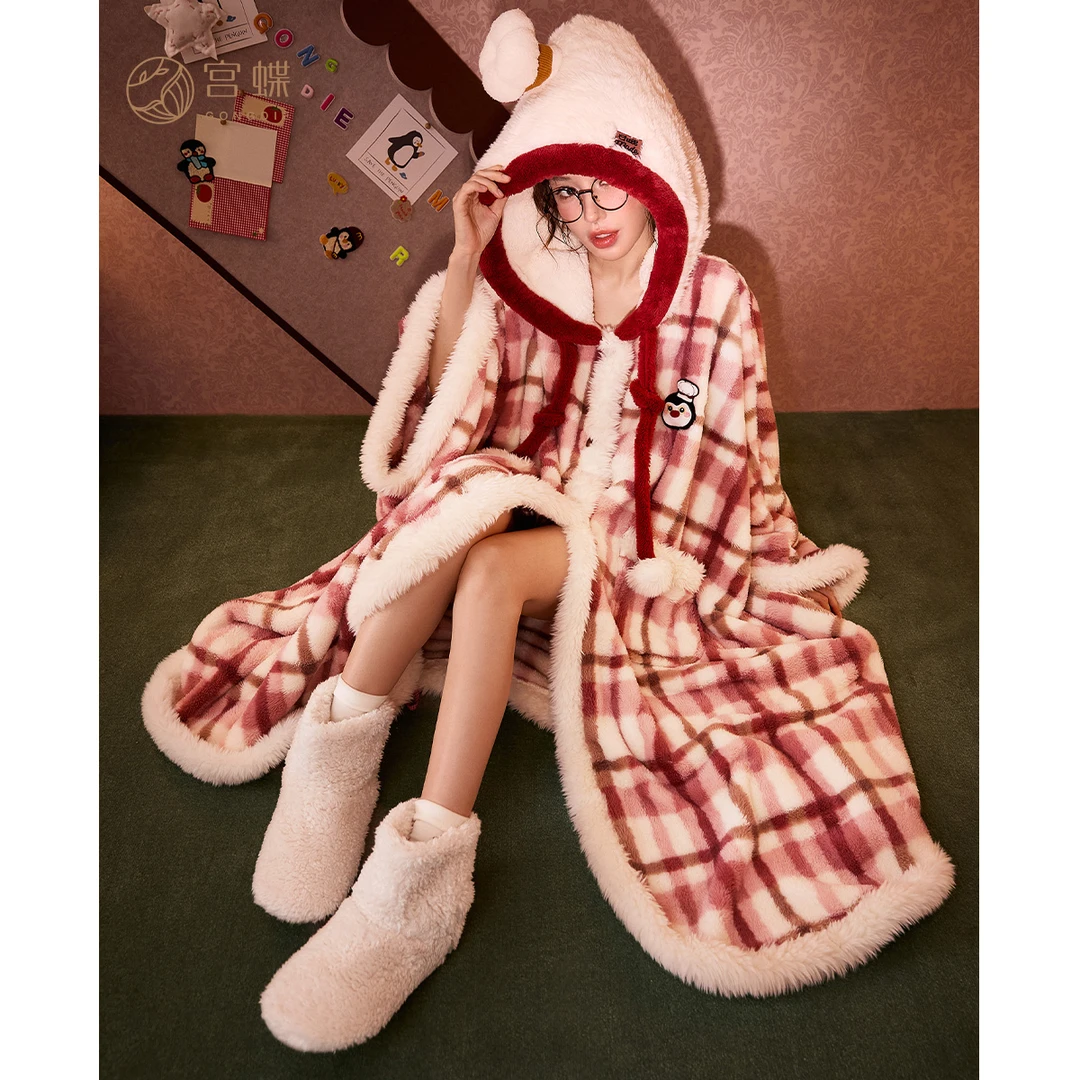 宫蝶【蓄热型】黄油企鹅珊瑚绒睡袍女冬季加厚保暖斗篷睡衣家居服