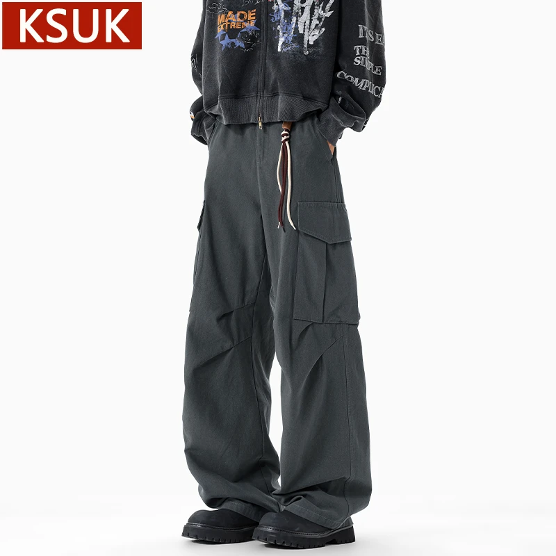 KSUK微喇工装裤子男秋季垂感直筒裤男装男士纯棉痞帅宽松休闲长裤