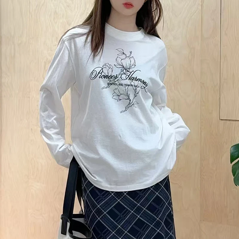 AVVENN2025春季打底衫印花长袖时尚百搭T恤圆领休闲纯棉白色宽松