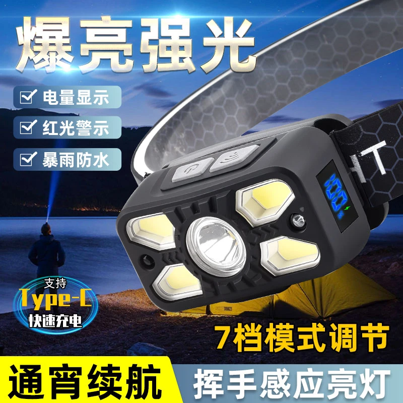 新款感应头灯夜钓户外LED专用强光头戴式充电钓鱼头灯2025款超亮