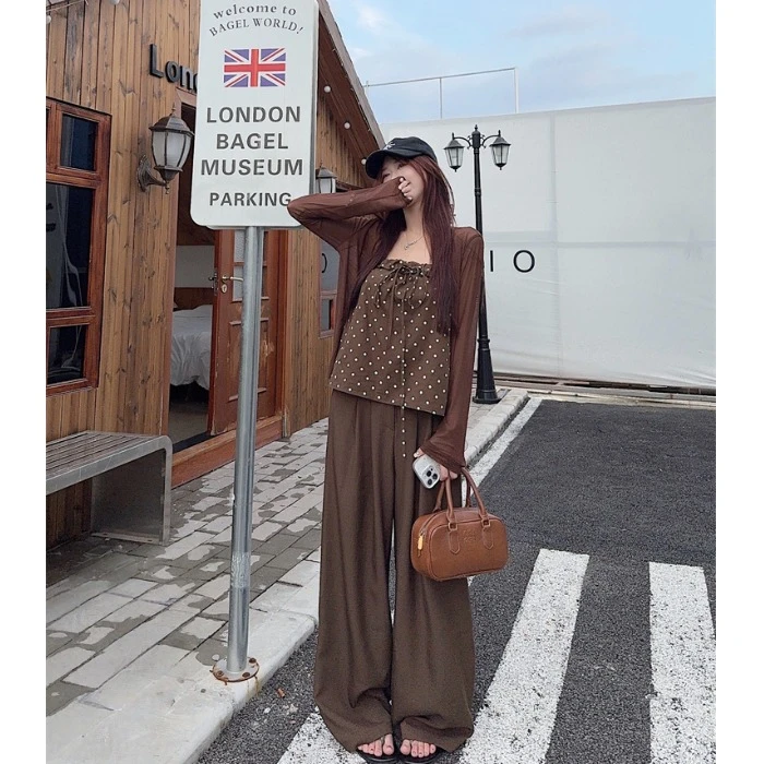 休闲套装女薄款长袖开衫女内搭抹胸早秋季新款高腰阔腿长裤三件套