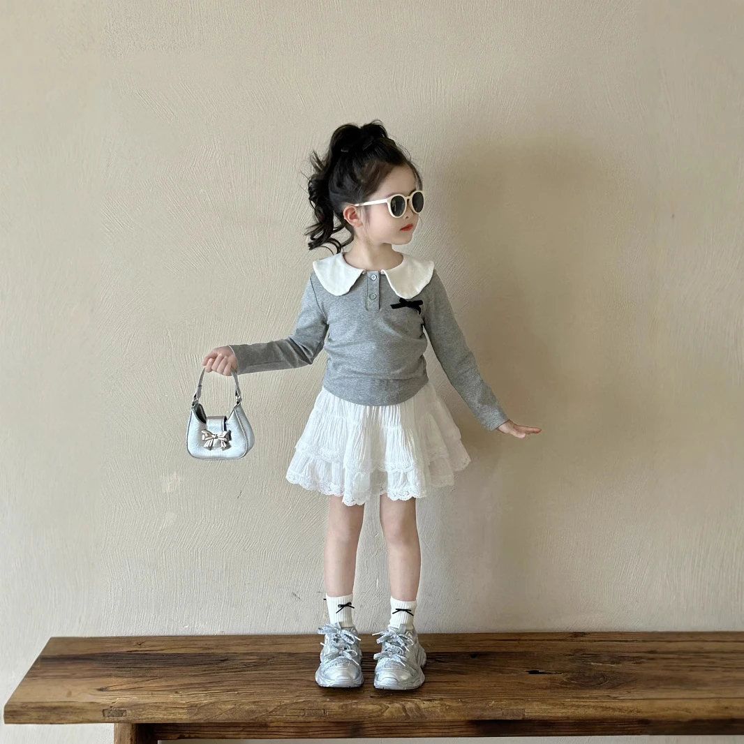 小惜亦2025秋季新款女童灰色翻领上衣白色花边半身裙宝宝洋气套装
