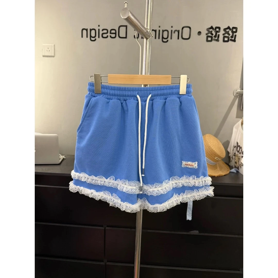 【糖果派对】蕾丝拼接短裤纯欲休闲短裤纯色百搭慵懒松紧腰舒适夏季