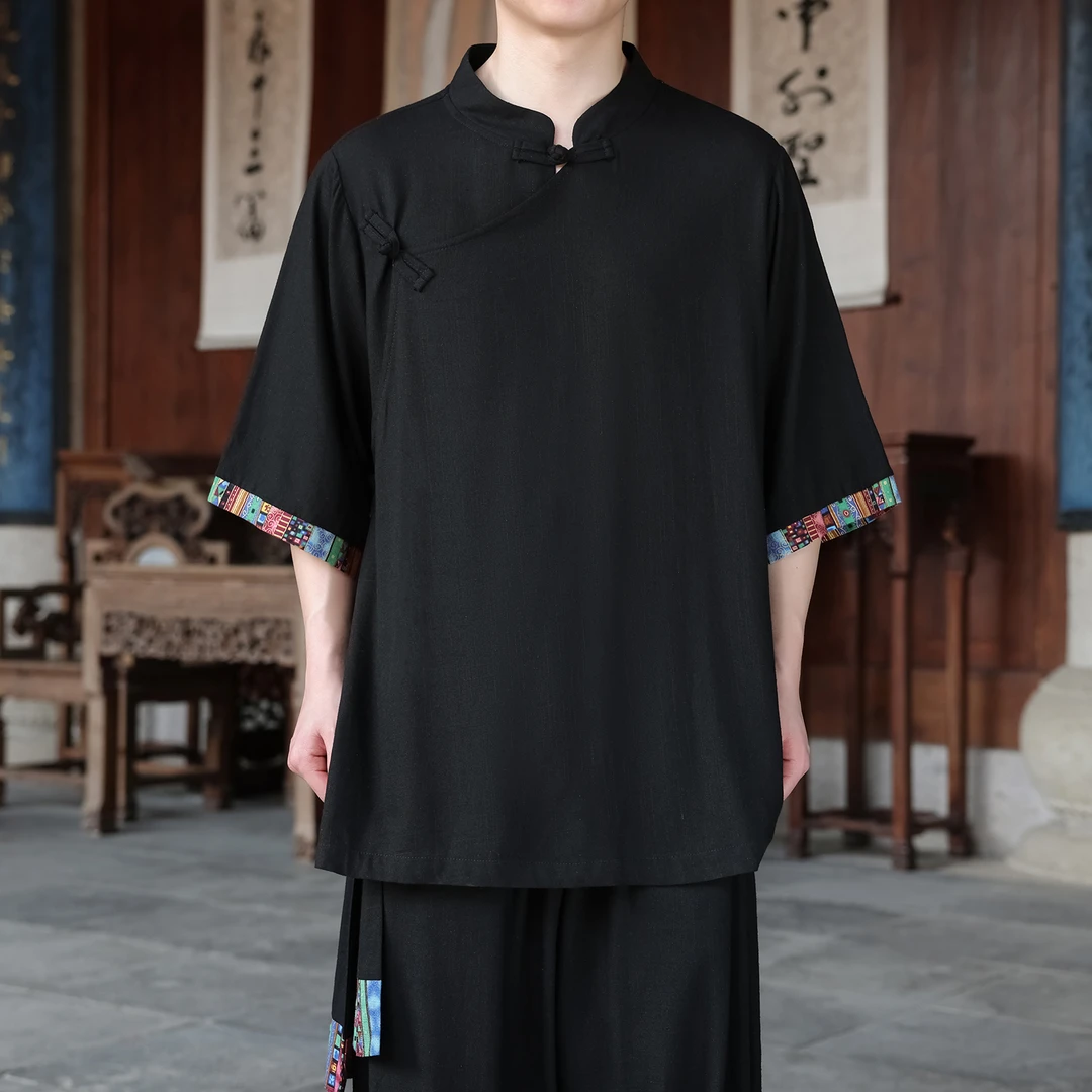 中国风民族印花亚麻衬衫男短袖夏季新中式潮牌唐装宽松半截袖T恤