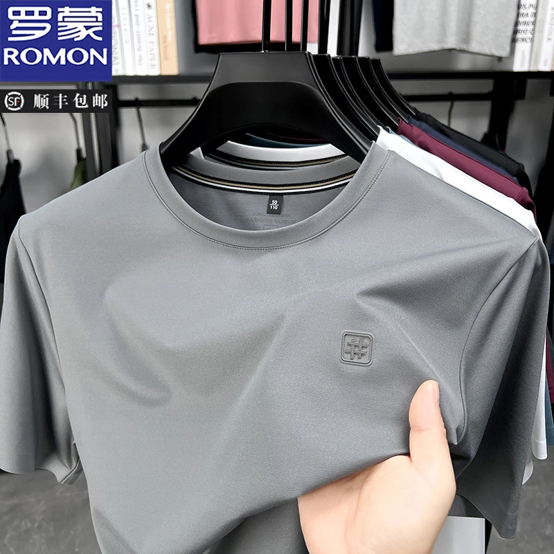 罗蒙【含桑蚕丝】亲肤印花短袖t恤夏季新款男士时尚圆领舒适上衣服