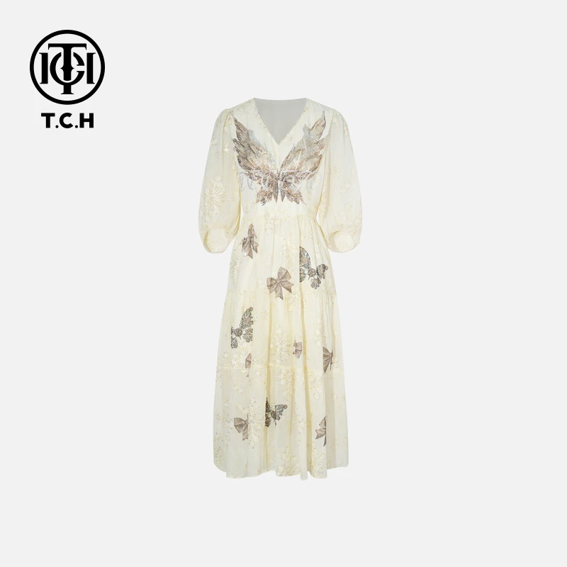 TCH轻奢烫钻工艺时尚休闲百搭舒适连衣裙女T75B30E1020私服tch