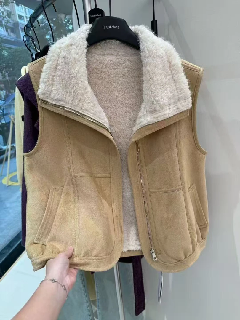 2026年冬款女士拼接短款女马夹复古混纺马甲立领皮毛一体ins