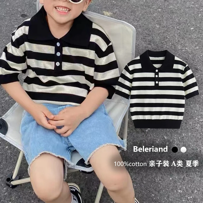 A类针织T恤男童条纹polo衫夏装短袖透气女童上衣亲子2025