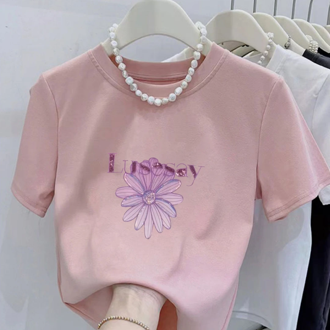 圆领紫色亮片线条花短款印花纯棉短袖T恤女小个子显瘦上衣修身