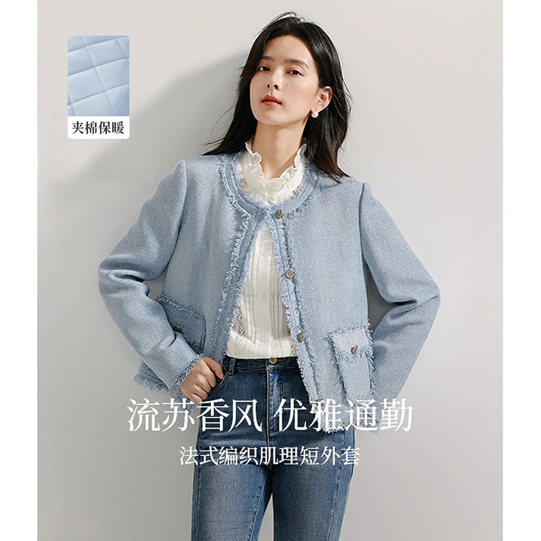 【欧若智性风】茵曼冬季法式小香苏短夹棉外套女通勤气质高级感棉衣