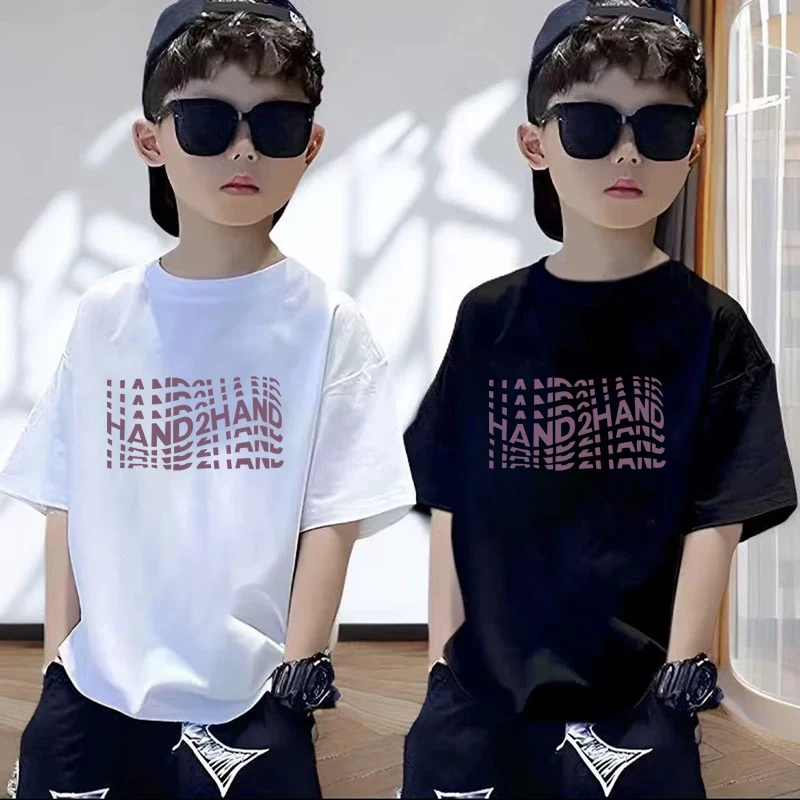 百搭男童夏季短袖纯棉t恤宽松T恤字母/数字/文字印花中大童韩版T