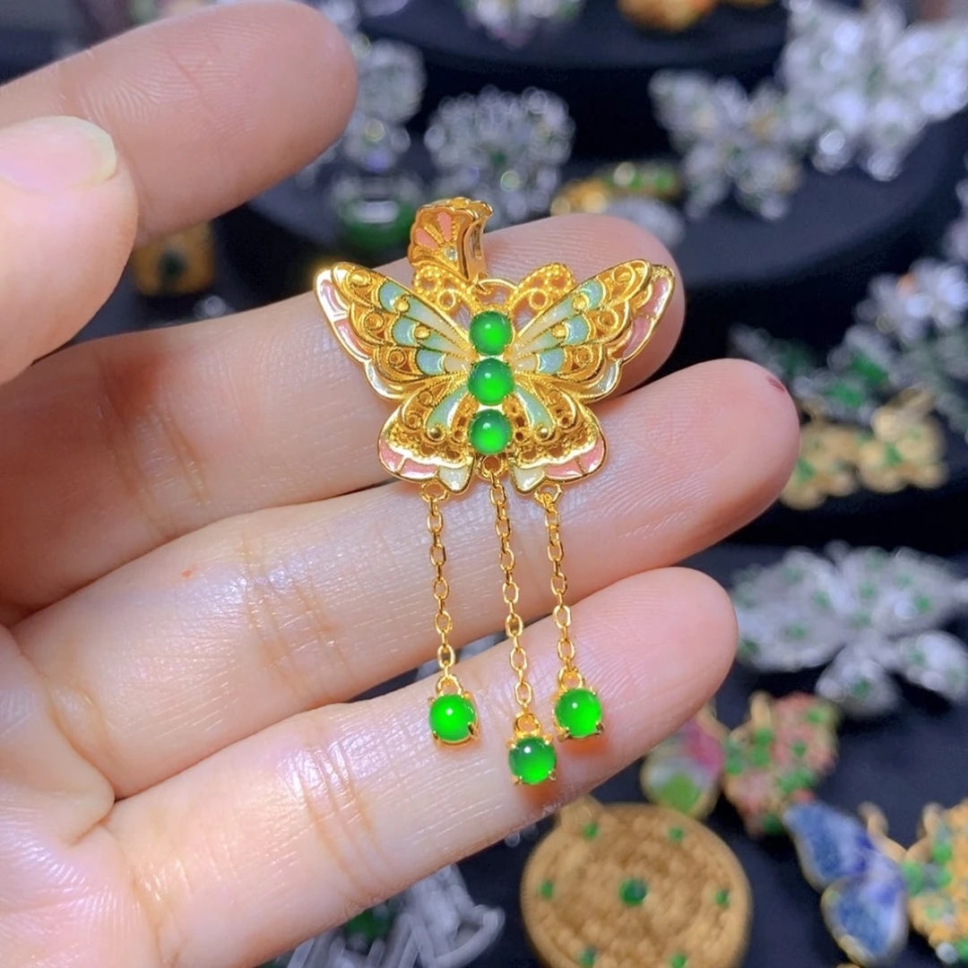 翡翠银S925镶嵌毛衣链天然翡翠