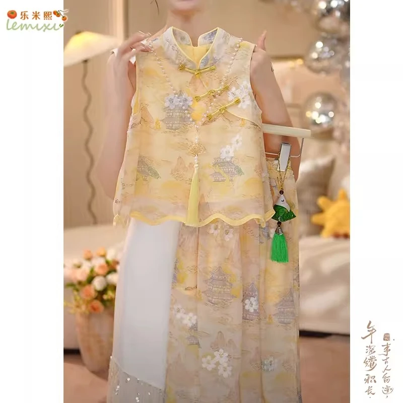 女童无袖国风阔腿裤套装2025夏季女宝新中式碎花盘扣防蚊九分裙裤