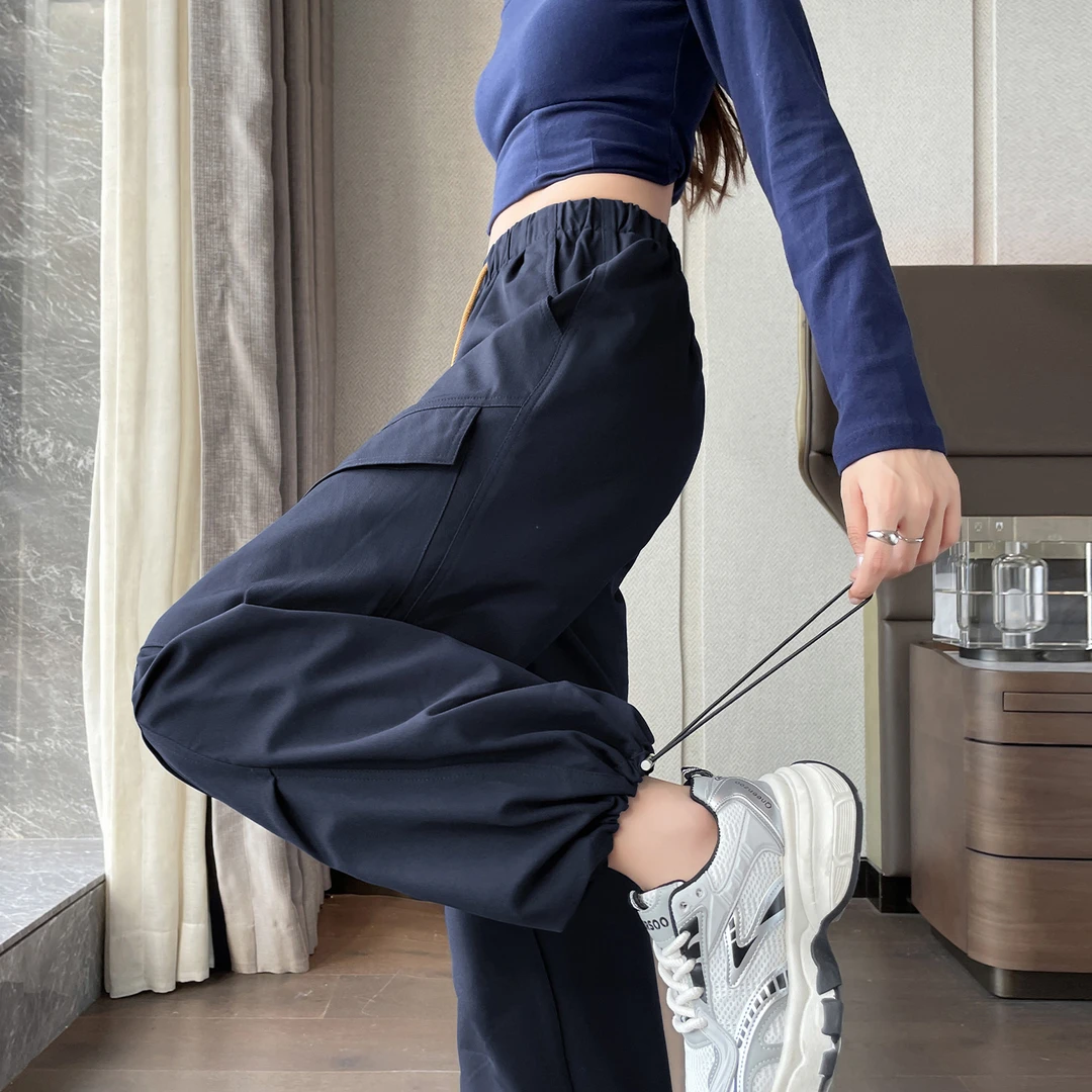 时尚工装裤女春秋新款两穿裤脚时尚女装高腰宽松束脚运动阔腿裤女