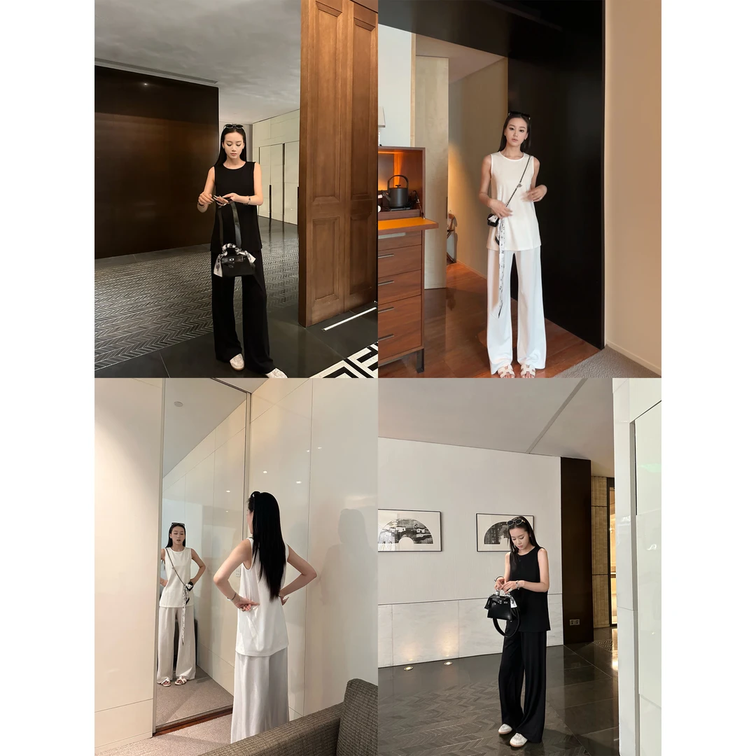 5werkwen 极简静奢套组 夏季设计感无袖背心上衣+阔腿裤两件套