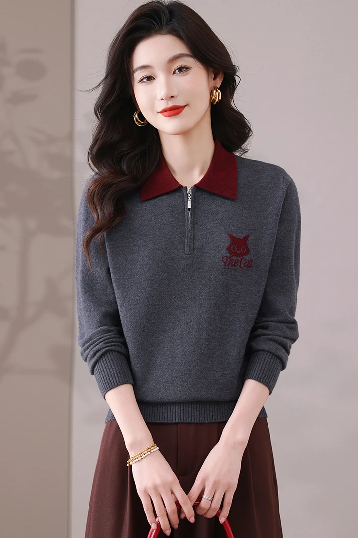 2025新款春秋翻领拉链女装长袖洋气宽松显瘦打底气质时尚针织