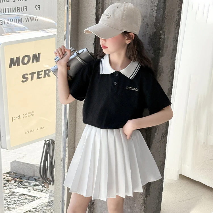 女童夏季2025新款POLO衫T恤中大童韩版休闲百褶裙两件套洋气套装