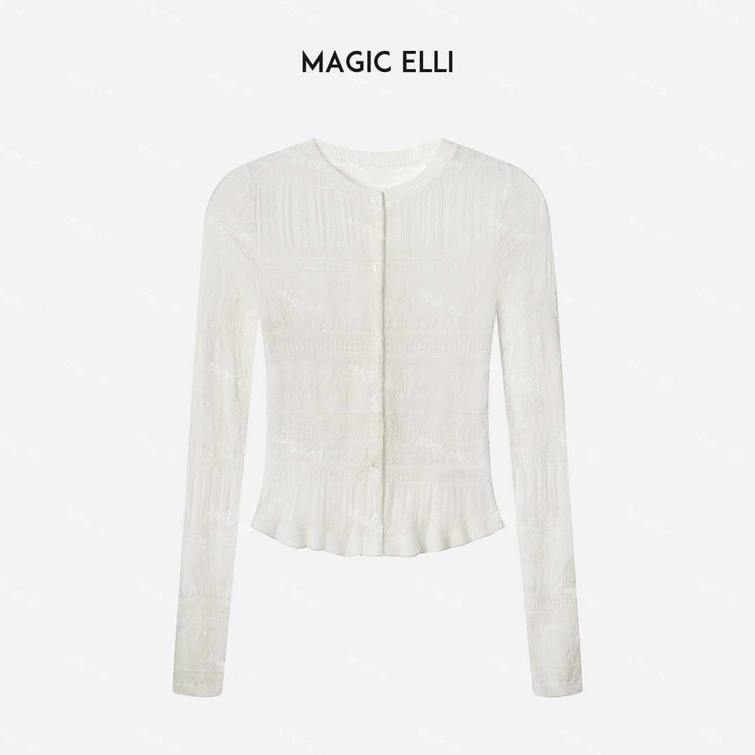 轻奢法式高级感海岛勾花绵羊毛长袖针织开衫显瘦气质花边上衣女春