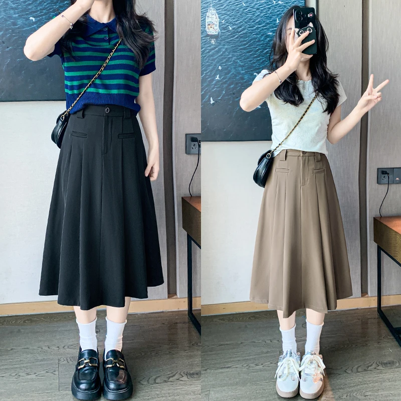 小个子高腰西装裙半身裙中长款百褶裙女夏季薄款显瘦a字伞裙遮胯