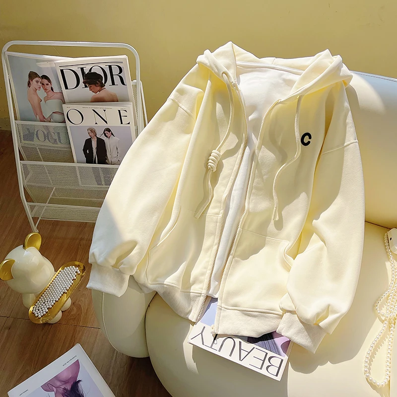 秋冬宽松慵懒风字母刺绣美式杏色卫衣开衫女小众加厚显瘦拉链外套