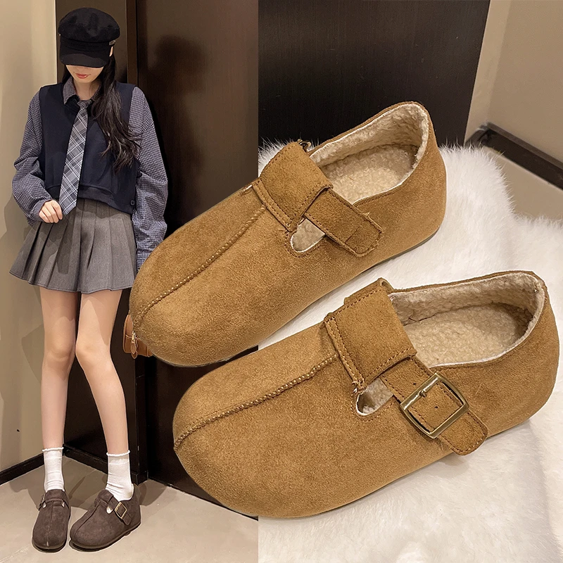 纯色秋冬加绒勃肯鞋一脚蹬女鞋休闲复古港风韩版豆豆内增高乐福鞋