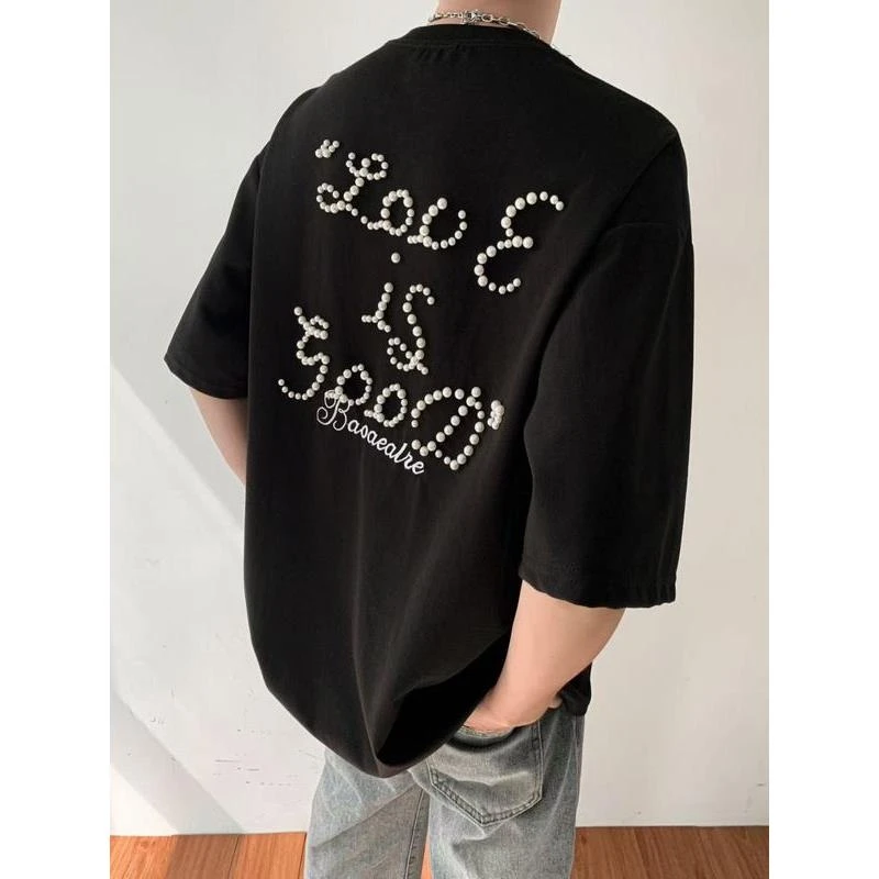 新款钉珠圆领短袖T恤男夏季设计感小众ins风半袖美式复古潮牌体恤