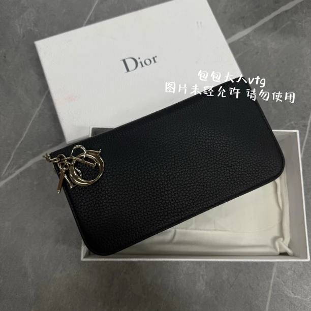 未使用 DIOR/迪奥 黑金荔枝纹字母吊坠VIP钱包