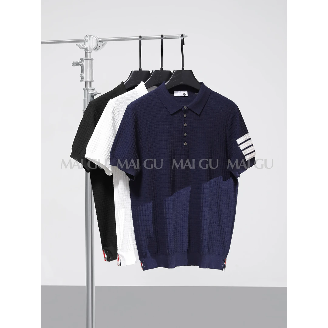 【MAIGU】夏季男士高定撞色翻领短袖拼接设计坑纹冰爽丝针织POLO衫