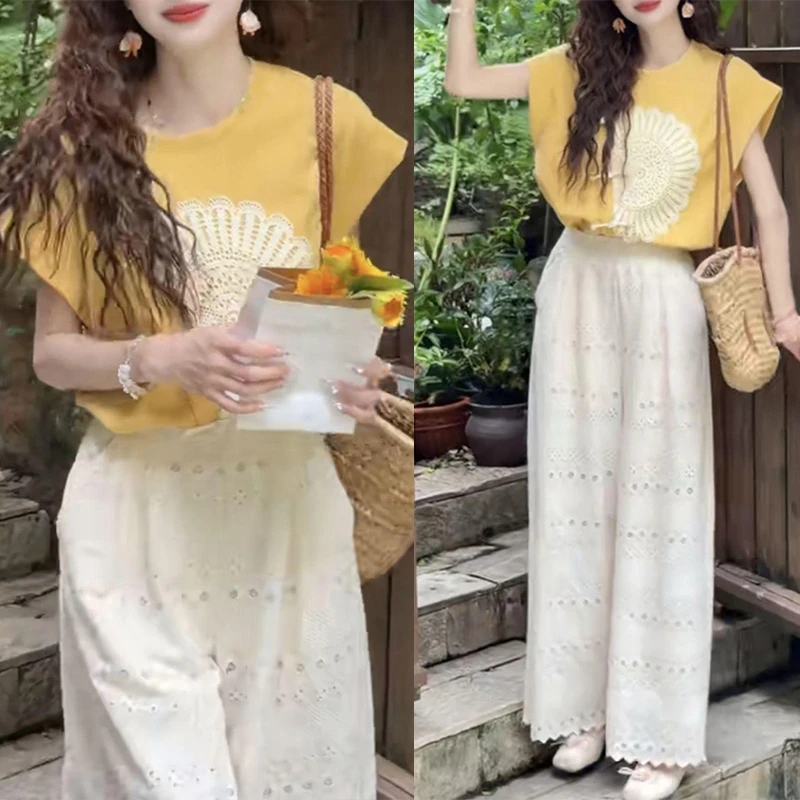 复古小飞袖体恤衫直筒阔腿裤两件套2025夏季新款流行时尚女装套装