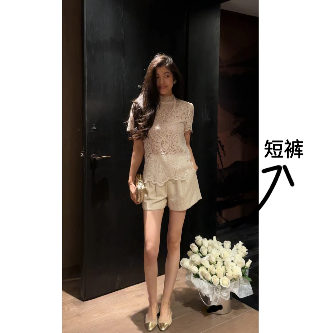 【N·COU】25夏新款【梦中情裤】绣金丝杏珠片松紧腰裤子DY22396