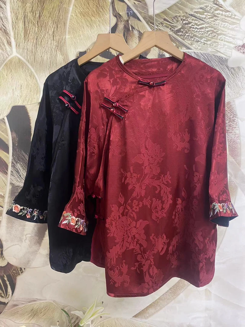 薄款常规款圆领厚款长袖提花上衣女士斜襟长款重工