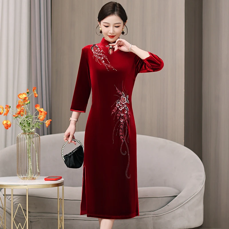 喜婆婆婚宴装妈妈结婚礼服旗袍中式春秋金丝绒订婚长款高端连衣裙