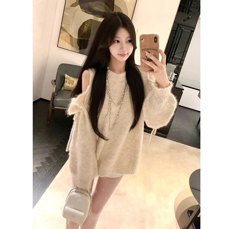 蝴蝶结绑带针织打底衫女秋冬新款纯欲风露肩毛衣减龄慵懒外穿上衣