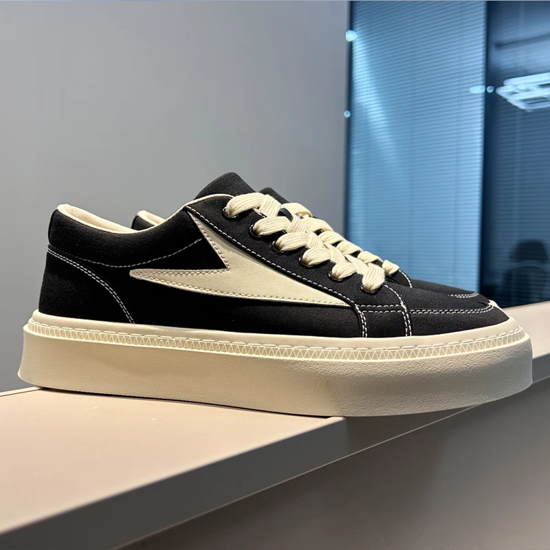 2025夏季新款系带板鞋暗黑低帮休闲鞋透气男士撞色潮鞋韩版布鞋