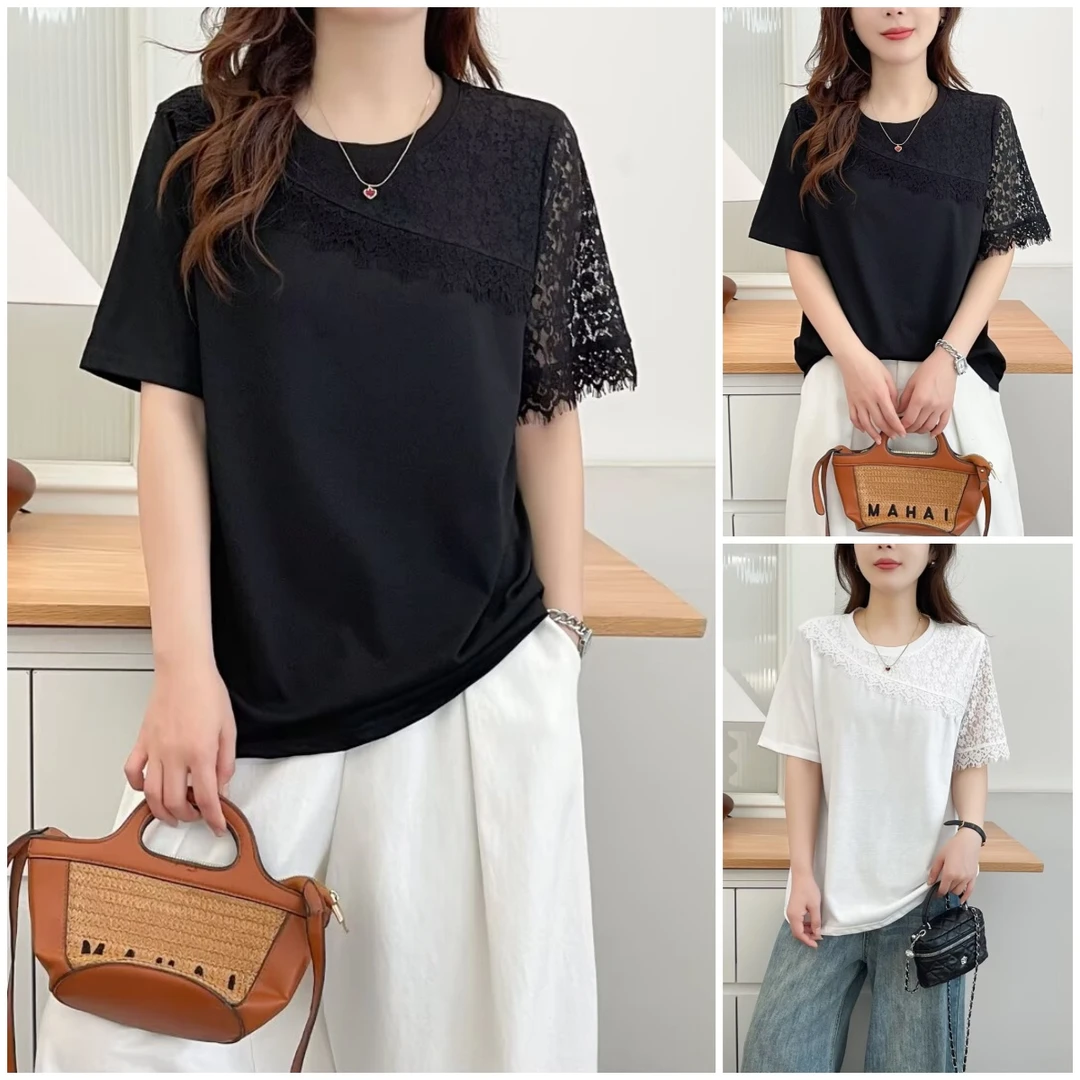 大码短袖蕾丝衫拼接镂空T恤女士夏装洋气百搭半袖