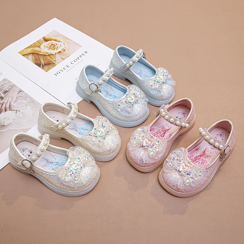 女童公主鞋春秋新款爱莎软底水晶鞋儿童洋气蝴蝶结小女孩演出皮鞋