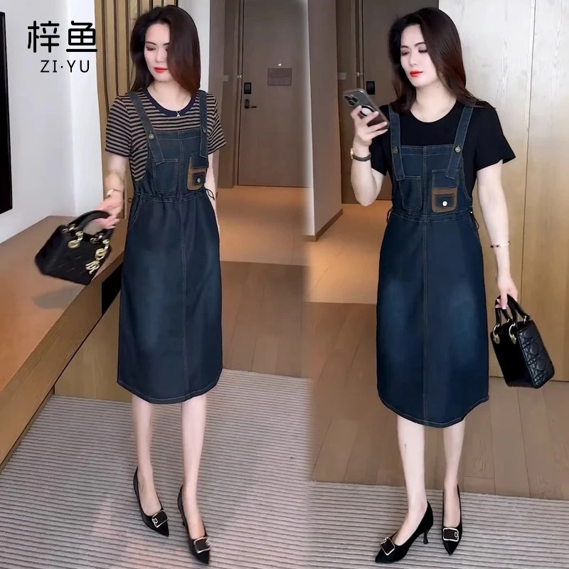 牛仔背带裙女2025夏季新款中长款假两件拼接连衣裙短袖T恤a字裙子