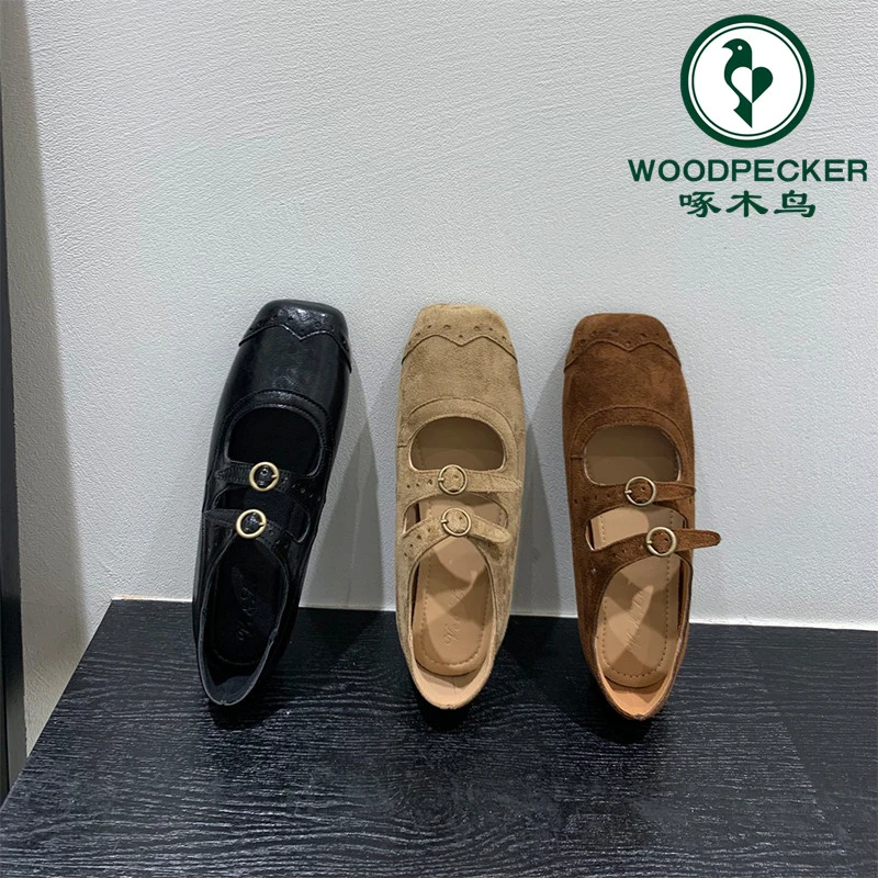 啄木鸟复古棕色方头玛丽珍鞋芭蕾舞鞋女2025秋季新款法式浅口单鞋