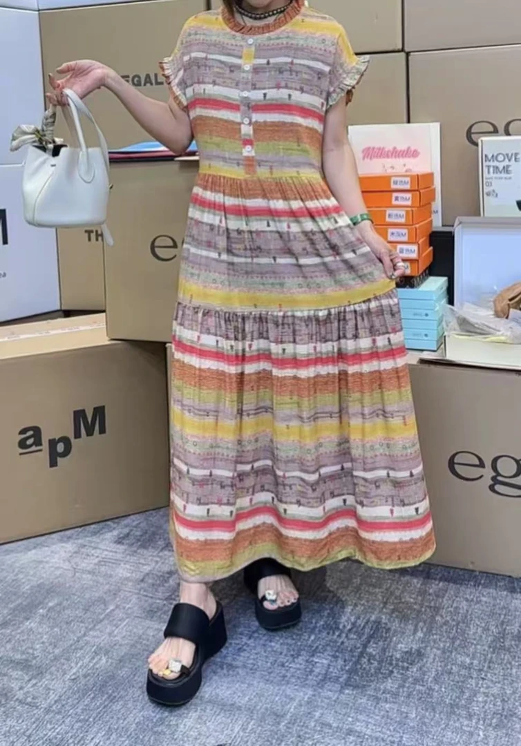 QY-绵绸2025夏季新款高级提花休闲连衣裙 H01-25110