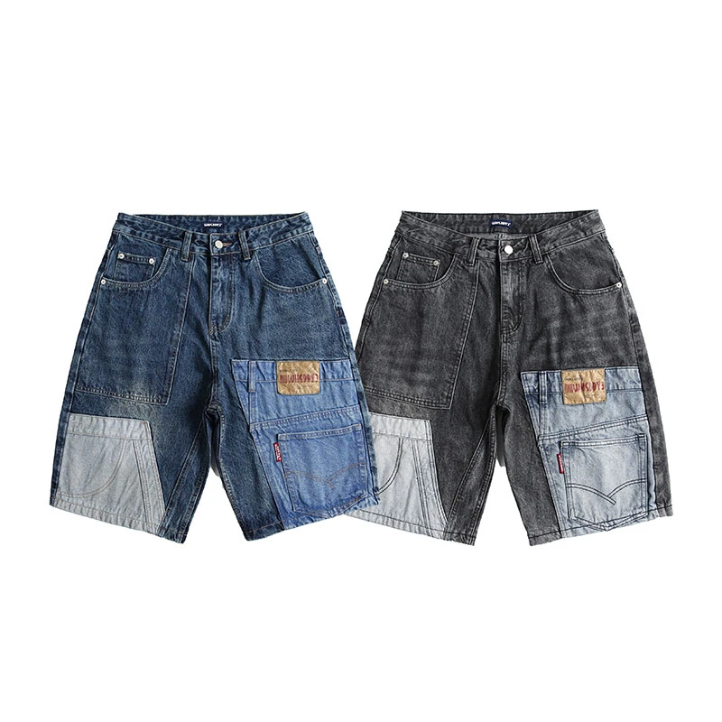 复古水洗牛仔短裤中裤夏季牛仔裤做旧短裤宽松水洗拼接休闲