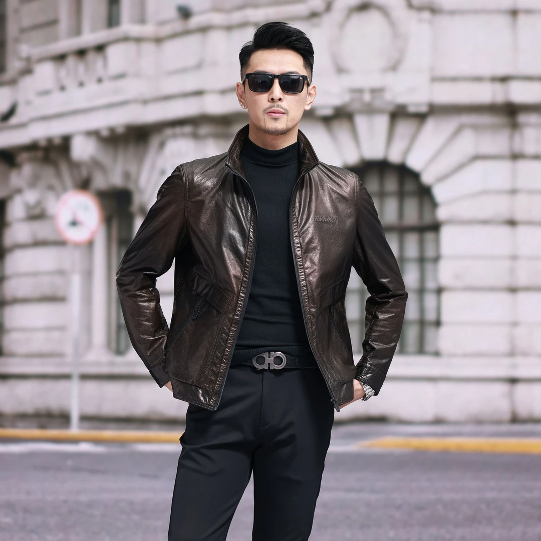 海宁头层小牛皮銮金色春秋休闲时尚立领潮流青年外套