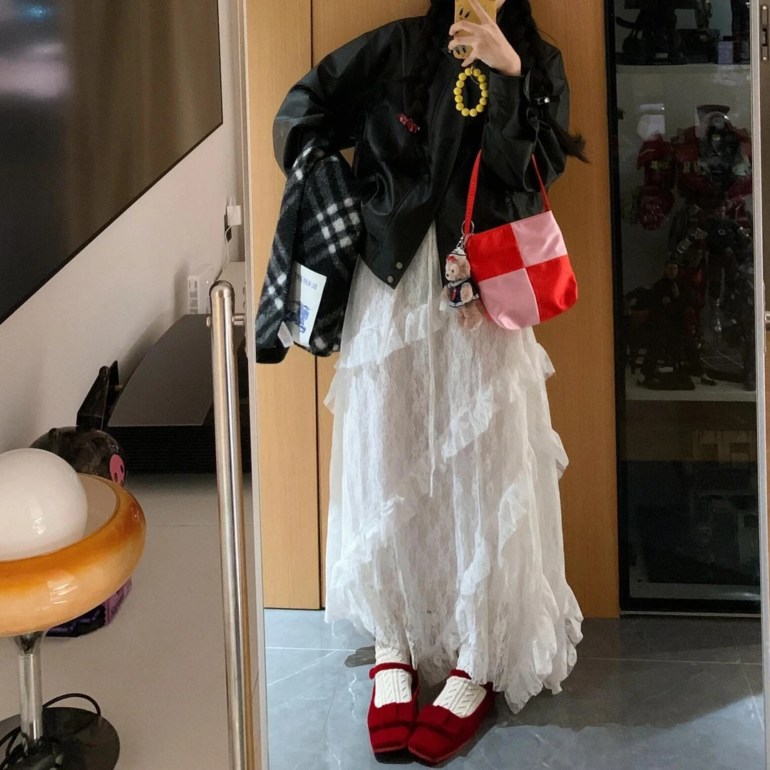 法式复古拼接蕾丝半身裙女春夏新款显瘦A字中长裙文艺气质百搭裙2