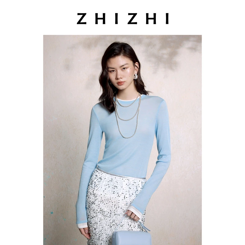 致知 归国谣 假两件圆领撞色领T恤25年秋季新正肩剪裁ZZ2EAWT9009