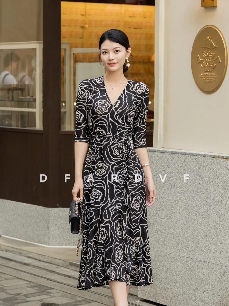 黑白玫瑰高弹力水晶麻鱼尾一片式裹身裙系带连衣裙长裙子