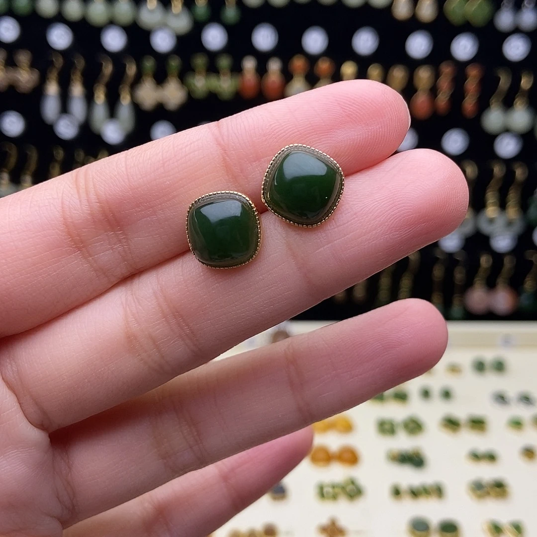 和田玉银S925镶嵌耳饰