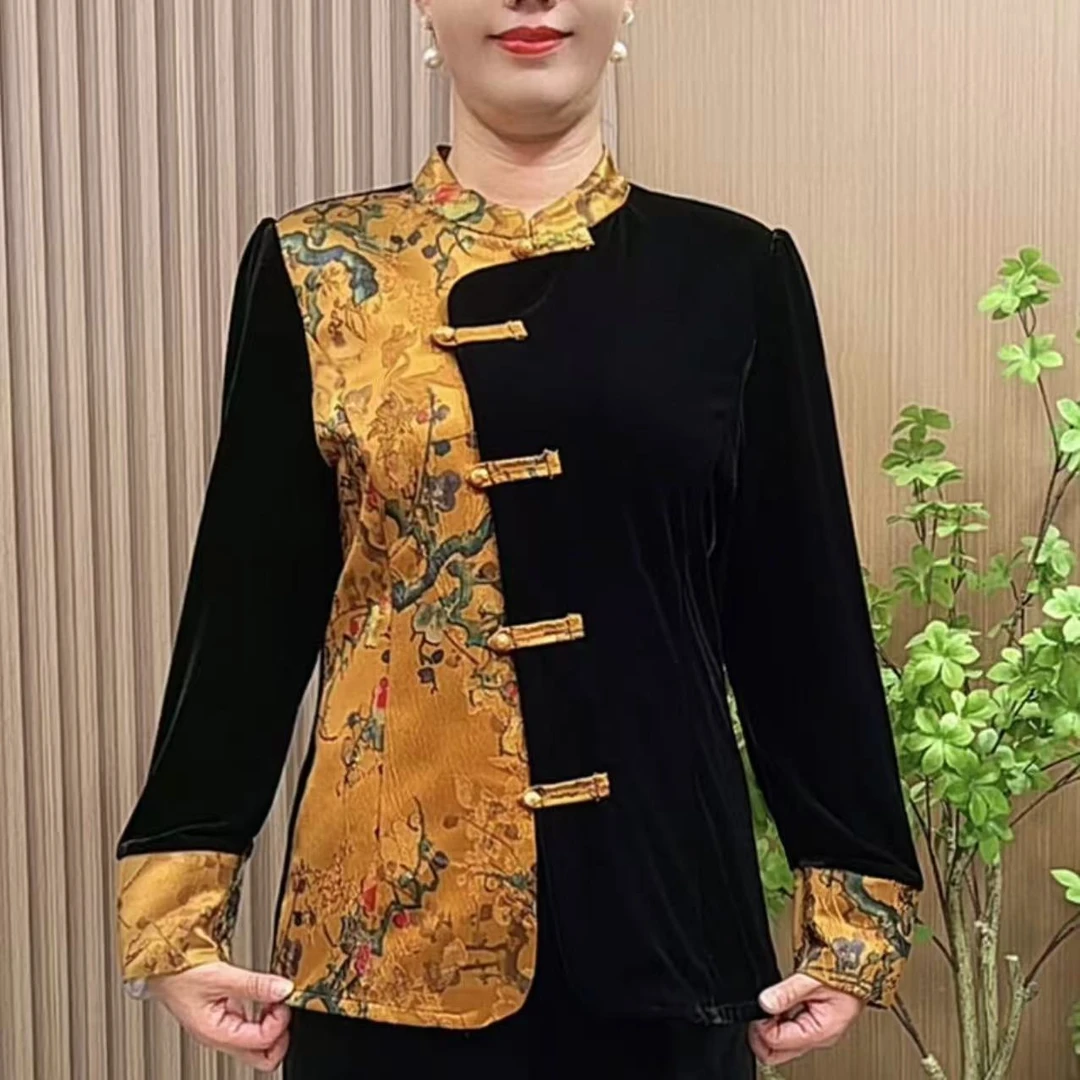 8880妈妈装秋装高档丝绒衬衫中老年秋冬洋气新中式拼色旗袍衫上衣