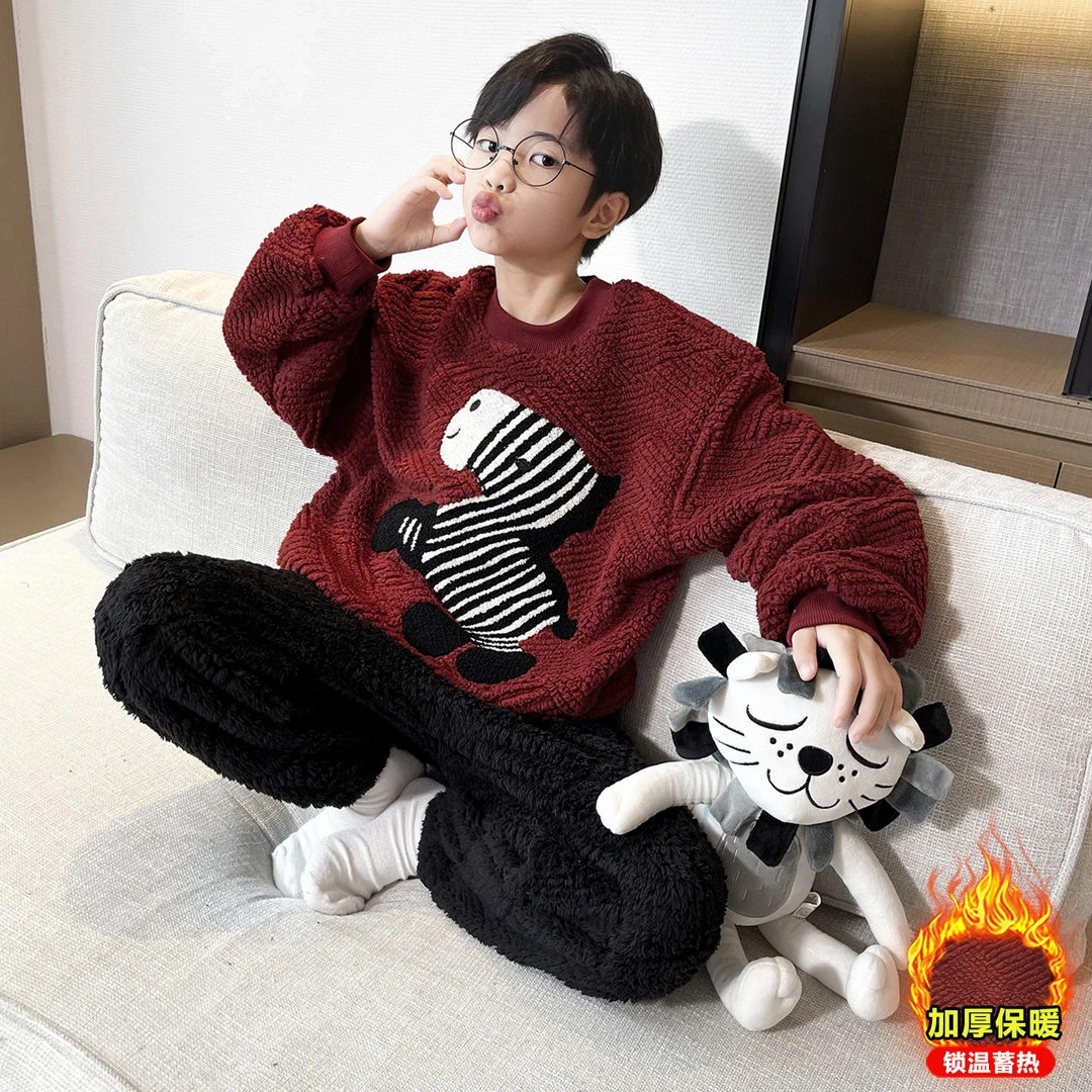儿童装男童睡衣秋冬款家居服冬季珊瑚绒中大童加绒加厚男孩法兰绒