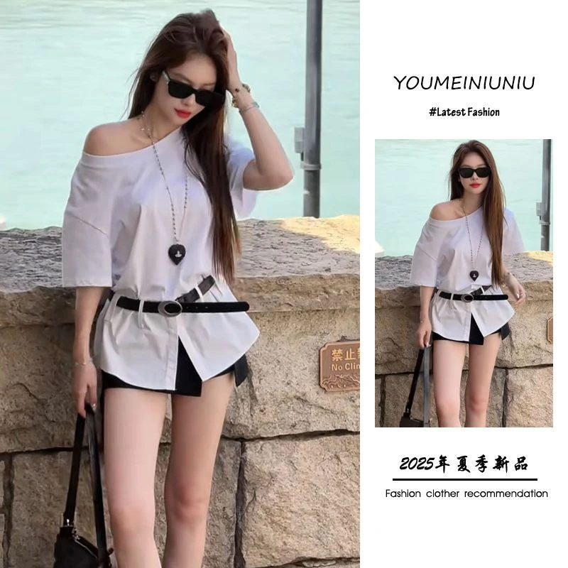 2025夏季新款韩版套装穿搭女高级感慵懒风斜肩上衣腰带裙裤三件套